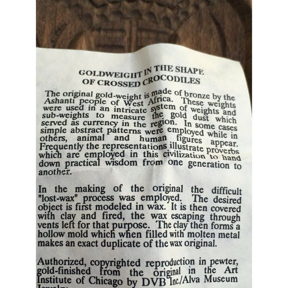 Vtg Brooch Gold weight In The Shape Of Crossed Crocodiles Pin ALVA MUSEUM REPRO. - Picture 6 of 7